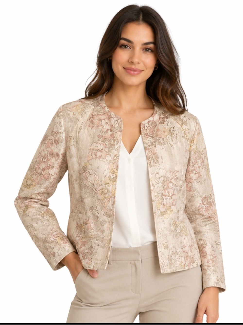 Wilfred Aritzia Cream Pink Floral Linen Open Front Romantic Blazer Jacket Size 2